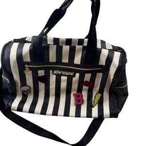 Betsey Johnson Striped Weekender Travel Duffle Bag Black White Floral Interior